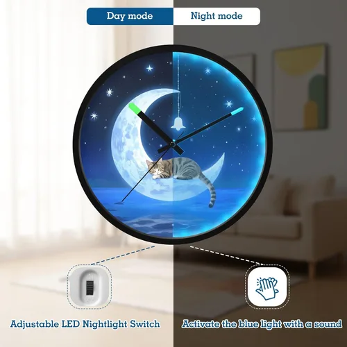 Miniatura 5 de Round Wall Clock Cat Wind Chimes 12 Inch Non-Ticking Silent Modern Decor Clock for Home Office