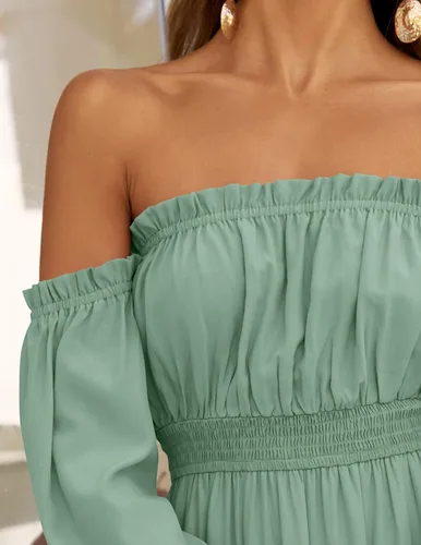Miniatura 92 de ZESICA - Vestido largo, bohemio y sexy, con hombros descubiertos y manga larga fruncida, con elástico fruncido, cintura alta y abertura lateral
