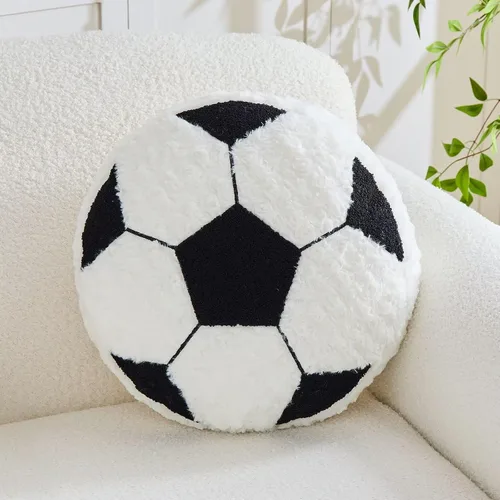 Cojín redondo de fútbol de fútbol, suave y esponjoso, almohada decorativa de felpa para decoración de habitación (negro, 12 pulgadas)