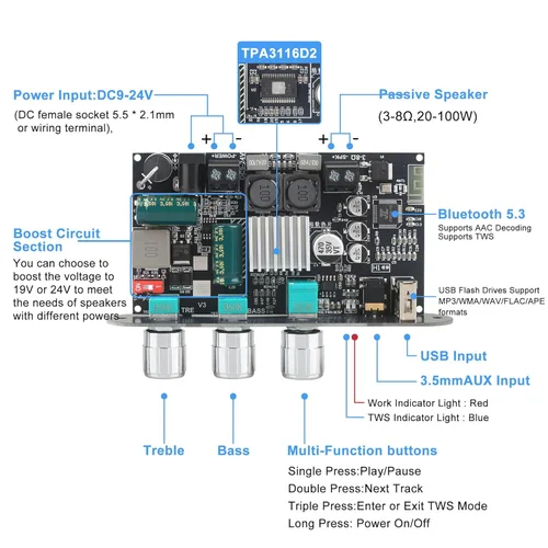 Miniatura 2 de 2 unidades de placa de amplificador mono ZK-1001U con TWS, salida de potencia de 100 W, amplificador para vehículos con entrada de voltaje amplio