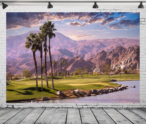 Telón de fondo de tela de 7 x 5 pies, montañas del desierto, campo de golf, telón de fondo para fotos, palmera, crepúsculo, río, puesta de sol,