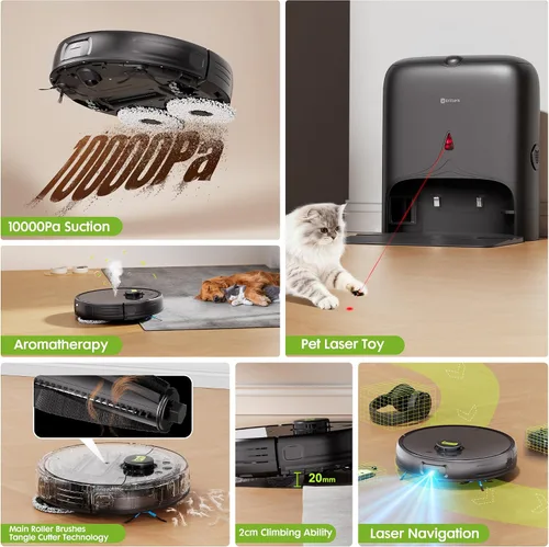Miniatura 2 de Robot aspirador y trapeador, tecnología de corte sin enredos de pelo de mascotas, succión máxima de 10,000 Pa, navegación láser, láser