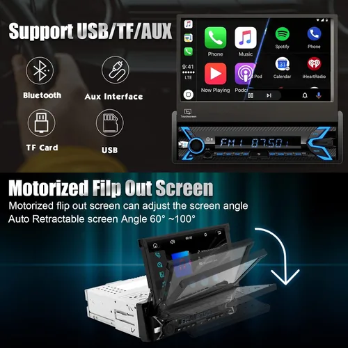 Miniatura 3 de Estéreo de automóvil de un solo DIN compatible con Apple Carplay y Android Auto, pantalla táctil HD plegable motorizada con flip de 7 pulgadas