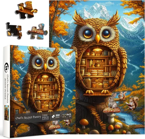 Miniatura 2 de Rompecabezas de búho de otoño para adultos, 1000 piezas, rompecabezas de casa de árbol de pájaros, bosque de fantasía, rompecabezas de árbol