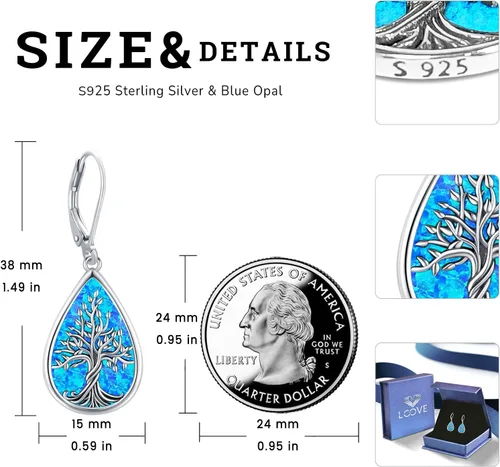Miniatura 288 de Aretes colgantes de plata de ley con diseño de árbol de la vida, flor, abeja, animales, gato, colibrí, piedra lunar, turquesa, aretes con cierre