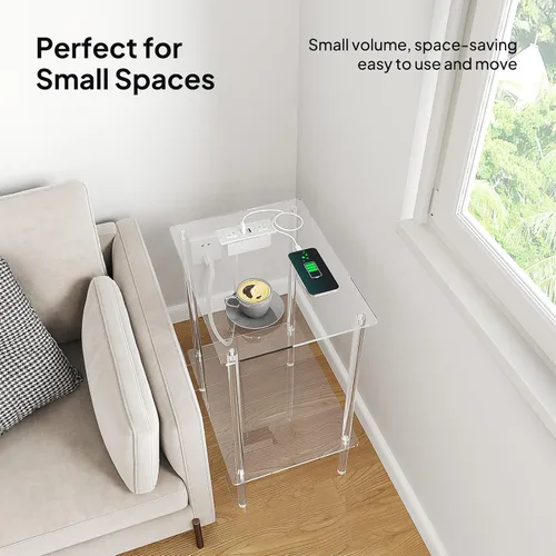 Miniatura 8 de Eglaf Mesa auxiliar de acrílico con estación de carga y puertos USB, mesita de noche pequeña para sala de estar, dormitorio, 15.7 pulgadas de largo
