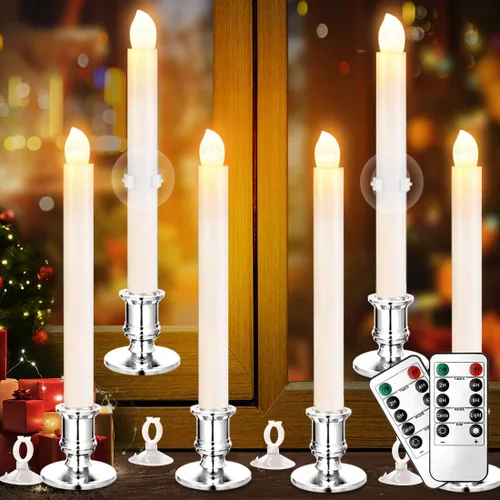 Miniatura 10 de YAUNGEL Velas de Navidad para ventana, paquete de 6 velas cónicas sin llama a pilas para ventanas con temporizador remoto, luces eléctricas