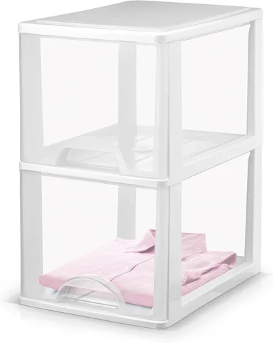 Organizador de almacenamiento de plástico pequeño con 2 cajones, delgado, estrecho, blanco/transparente para cajones de manualidades (13 pulgadas de