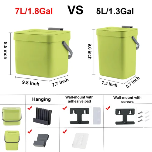 Miniatura 6 de LALASTAR Cubo de basura colgante de 1.8 galones, verde, plástico, contenedor de compostaje sellado para cocina interior, pequeño bote de basura