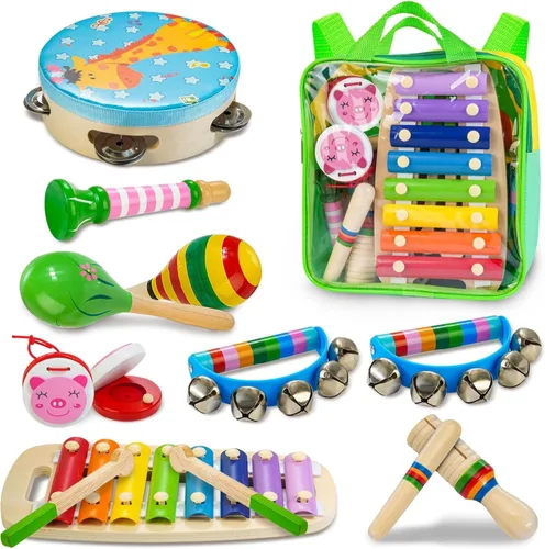 Miniatura 7 de Instrumentos musicales para niños, 12 piezas de juguetes musicales de madera para niños pequeños de 2 a 4 años con xilófono, maracas y pandereta