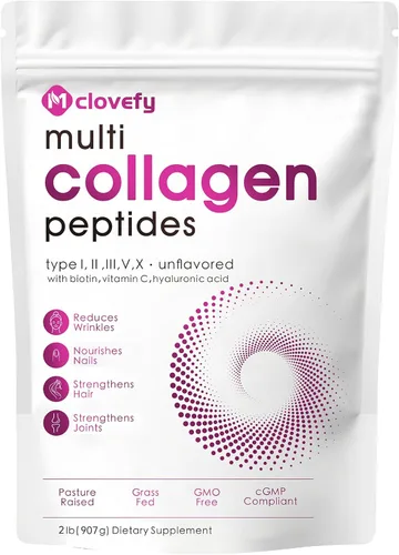 Proteína en polvo multicolágeno, 2 libras, sin sabor, con ácido hialurónico y vitamina C, soporte para la piel, el cabello y las articulaciones, 32