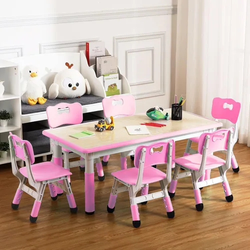 Miniatura 9 de Juego de mesa y silla para niños, altura ajustable, mesa de artes y manualidades y juego de 6 sillas para edades de 2 a 10 años, máximo 300 libras