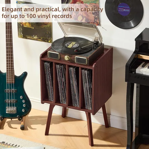 Miniatura 7 de LELELINKY Soporte para tocadiscos, mesa de almacenamiento de discos de vinilo de nogal con 4 gabinetes de hasta 100 álbumes, soporte para tocadiscos