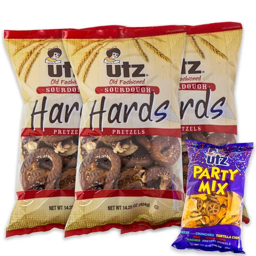 Utz - Paquete variado de pretzels de masa madre – Pretzels duros de masa madre Utz (3, bolsas de 14.25 onzas) – Utz Party Mix (1 bolsa de 12 onzas)