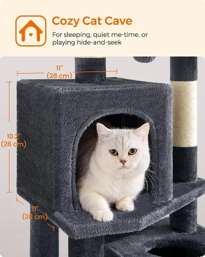 Miniatura 6 de Feandrea - Árbol para gatos de varios niveles para interiores, torre para gatos tipo condominio con 4 postes para rascar, 2 posaderos, hamaca y Gris