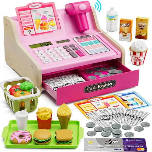 Wee Wonders Caja registradora de madera para niños con calculadora real, juguete recargable de caja registradora con escáner/dinero de