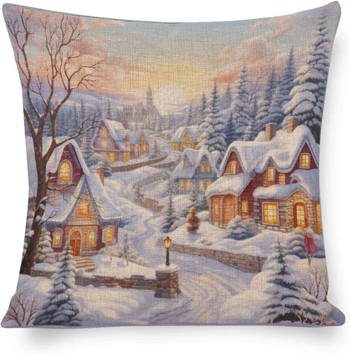 Miniatura 9 de Fundas de almohada de 16 x 16 pulgadas, diseño de pueblo de invierno, decoración de Navidad, para sofá, sala de estar, dormitorio