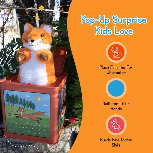 Miniatura 4 de Jack Rabbit Creations Finn The Fox Jack in The Box - Juguete de peluche, zorro de peluche, manivela lateral juega Pop Goes The Weasel, emergente