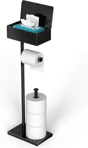 Miniatura 9 de Cisily Soporte de papel higiénico negro con estante para teléfono, decoración para baño. Almacenamiento independiente para rollos de papel