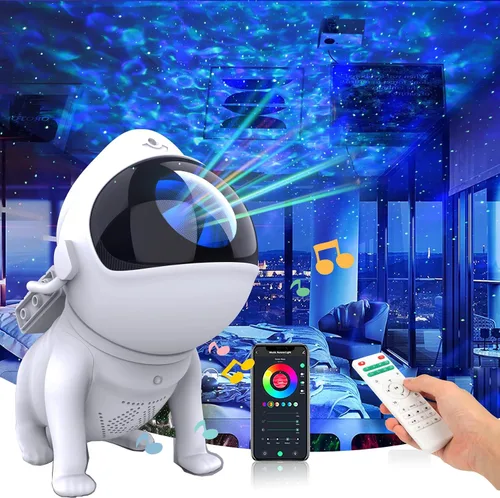 Proyector de estrellas, proyector de galaxia para dormitorio, proyector de perro espacial con altavoz Bluetooth, 21 modos de color, ruido blanco,