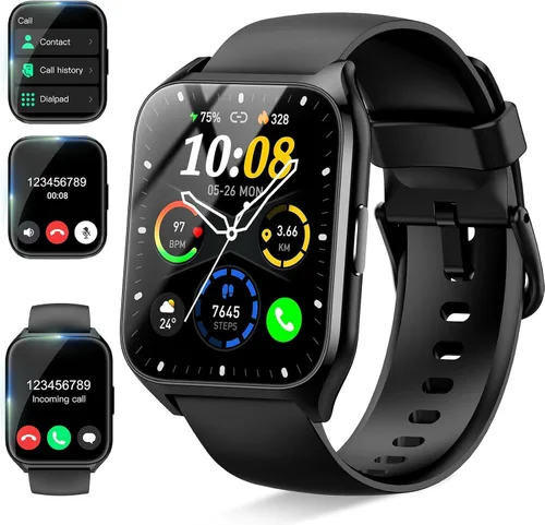 Reloj inteligente para hombres y mujeres (respuesta/hacer llamadas), reloj de fitness HD de 1.85 pulgadas con monitor de frecuencia cardíaca y Negro