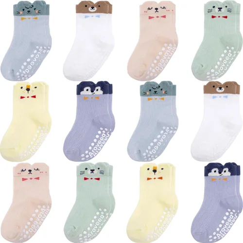 Miniatura 10 de Calcetines antideslizantes con agarre para tobillos, paquete de 12 unidades para niños pequeños, niños y niñas, lindos calcetines de algodón