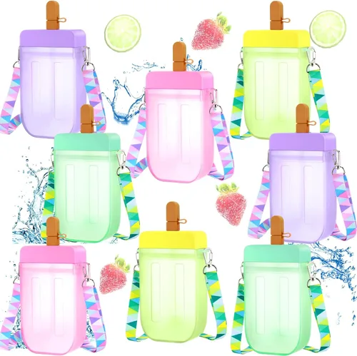 Miniatura 9 de Patelai 8 botellas de agua bonitas con pajita, tazas de helado de sandía kawaii, a prueba de fugas, con correa ajustable para el hombro