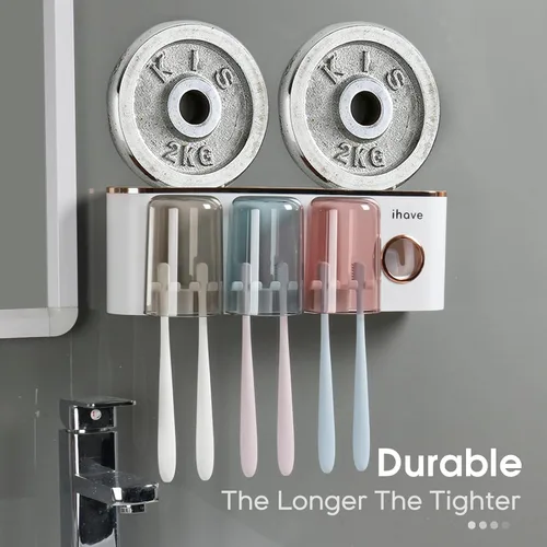 Miniatura 4 de iHave Portacepillos de dientes, accesorios de baño con dispensador de pasta de dientes, 3 tazas, soporte para cepillos de dientes, decoración