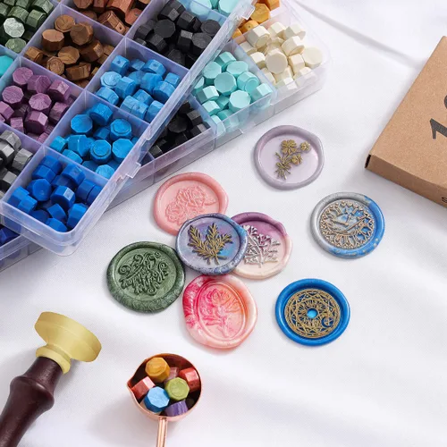 Miniatura 3 de Kit de sellos de cera – 630 cuentas de cera, caja de regalo, calentador, bolígrafos metálicos, sobres, juego de sellos para regalos y decoración