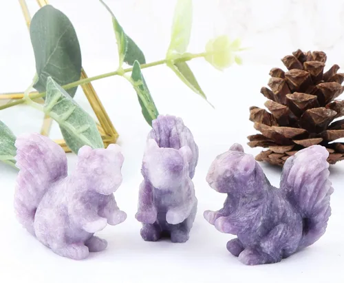Miniatura 7 de SMQ Estatua de ardilla de cristal de 2 pulgadas, lepidolita morada, cristal curativo tallado a mano, colección de figuritas de decoración