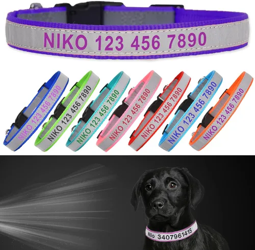 Miniatura 12 de Collar reflectante personalizado para perro, nombre y número de teléfono bordado personalizado para mascotas con hebilla de nailon ajustable en 5