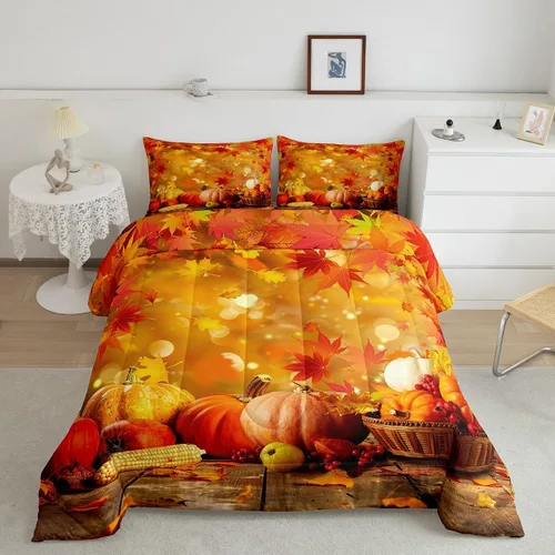Erosebridal Edredón de Halloween, edredón de otoño con hojas de plumón para dormitorio, decoración de sala de estar, farol de calabaza, juego de