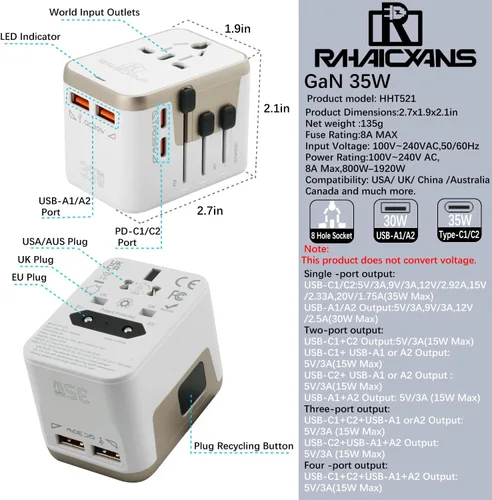 Miniatura 8 de Adaptador de viaje universal con 4 puertos (2 USB-C y 2 USB-A) Adaptador de corriente todo en uno de carga rápida de 35 W en todo el mundo para EE.
