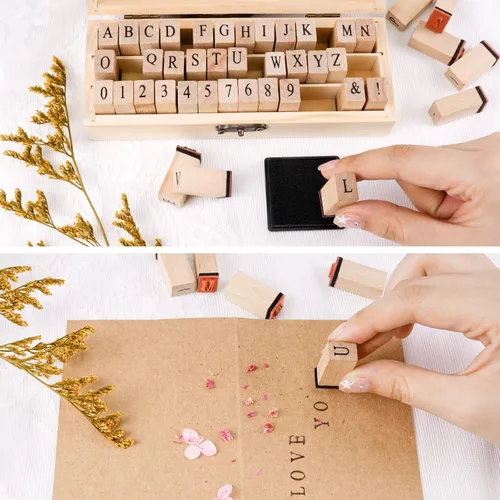 Miniatura 4 de Sellos de letras, juego de 42 piezas de alfabeto de goma con estuche de almacenamiento, números vintage y mini sellos de símbolos para manualidades