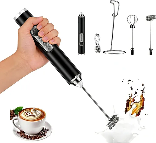 Espumador de leche de mano para café, varita espumadora de mano, batidor eléctrico de 3 velocidades ajustables, mezclador de bebidas con 2 batidores