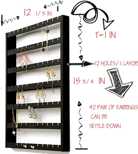 Miniatura 2 de Organizador de aretes de 7 capas, almacenamiento de aretes de oreja montado en la pared, organizador de aretes de metal negro de gran capacidad