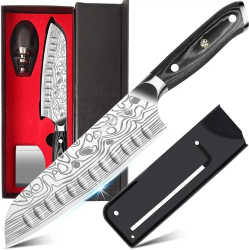 Miniatura 12 de MOSFiATA - Cuchillo de chef profesional súper afilado de 8 pulgadas con protector de dedos y sacapuntas, acero inoxidable alemán de alto carbono