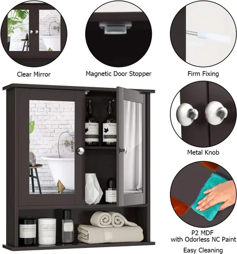 Miniatura 7 de Tangkula - Armario de baño con espejo, organizador colgante de madera montado en la pared con puertas y estantes, espejo de pared para baño