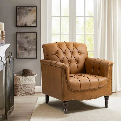Miniatura 16 de Pia Ricco Silla decorativa moderna copetuda, sillón individual de piel sintética con ribete de cabeza de clavo y patas de madera, cómodo asiento