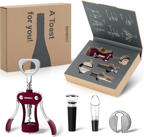 Beneno Juego de regalo multifuncional para abrebotellas de vino, sacacorchos de ala, cortador de lámina, tapón al vacío y vertedor aireador, Rojo