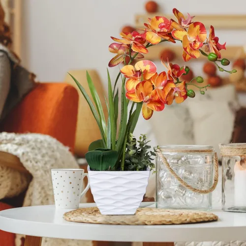 Miniatura 2 de Ohmywor Flores artificiales de orquídea naranja, arreglos de falaenopsis falsas, flores de orquídea de otoño con maceta blanca de 18.9 pulgadas