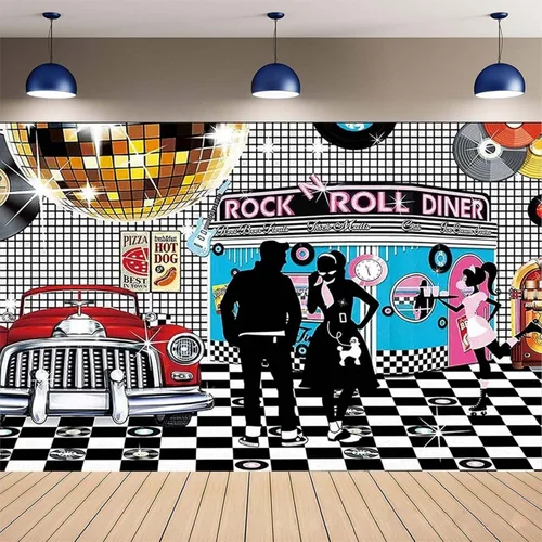 Miniatura 6 de Telón de fondo de fotos de estilo retro disco – Rollo de rock de los años 50, baile de graduación, cumpleaños, comedor, decoración de fiesta, cartel