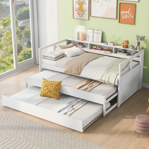 Miniatura 10 de JIVOIT Sofá cama extensible con cama nido y dos cajones de almacenamiento, marco de sofá cama de madera con soportes de listones de madera, diseño