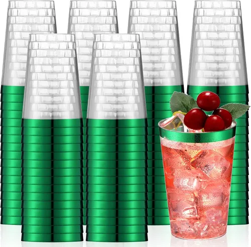Patelai 100 piezas de vasos de plástico verdes de 12 onzas, vasos de plástico con borde verde resistentes, vasos desechables para vino, vasos