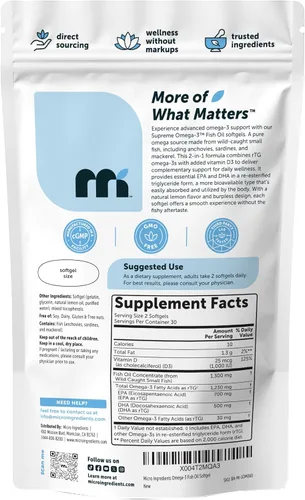 Miniatura 7 de Micro Ingredients Supreme Omega-3 Aceite de pescado con EPA y DHA ultra altos, cápsulas blandas sin eructos rTG Omega-3 con vitamina D3 Pescado