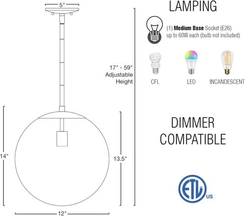 Miniatura 4 de Kira Home Ceres - Lámpara colgante de orbe de 14 pulgadas de estilo moderno de mediados de siglo con difusor esmerilado blanco mate suave, acabado
