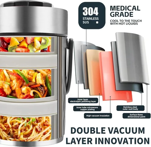 Miniatura 6 de Termo mejorado de 67 onzas para comida caliente, Termo de comida apilable de 3 capas, Frasco termo para sopa con bolsa aislada, Ideal para oficina