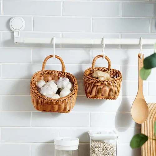 Miniatura 3 de ABOOFAN Cesta colgante de ratán, 2 piezas, tejida en la pared con ganchos, cesta de almacenamiento de frutas y verduras para utensilios de papa