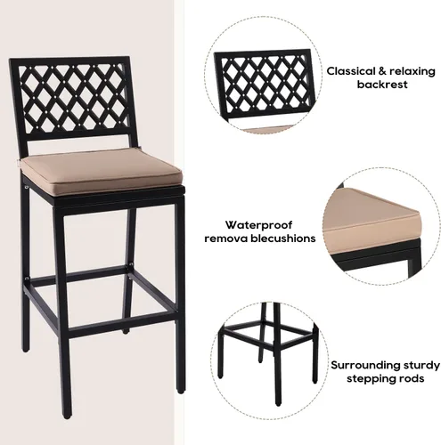 Miniatura 4 de Sillas y mesa de bar para exteriores, juego de bar de metal para exteriores, juego de mesa de bar de 3 piezas con taburetes de bar y cojines