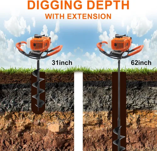 Miniatura 2 de Excavadora de Agujeros para Postes de 62CC Recientemente Mejorada a Gas, Barrena Excavadora de Agujeros para Postes de 2 Tiempos con 2 Brocas